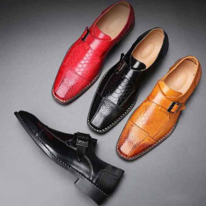 Full-Grain Leather Monk Strap Shoes with Embossed Texture