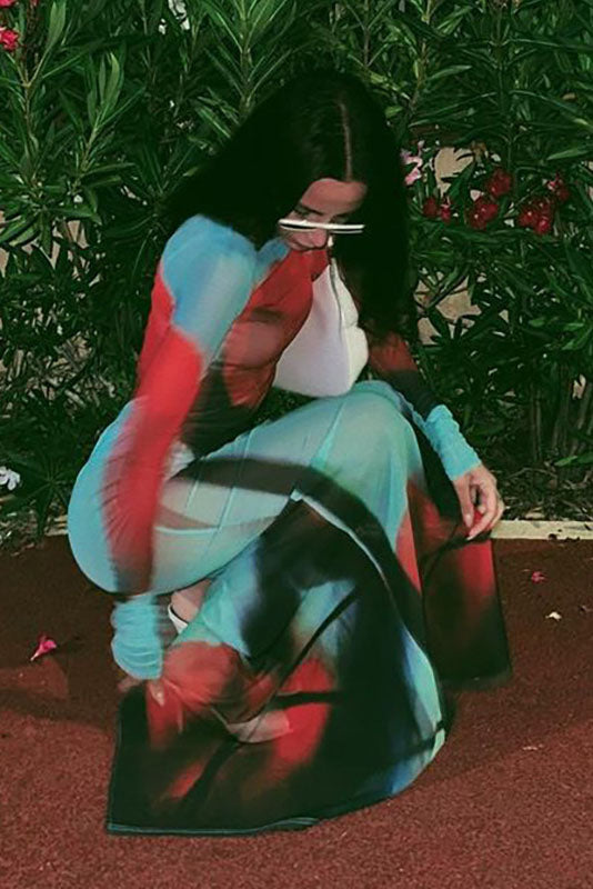 Abstract Print Sheer Maxi-Length Dress