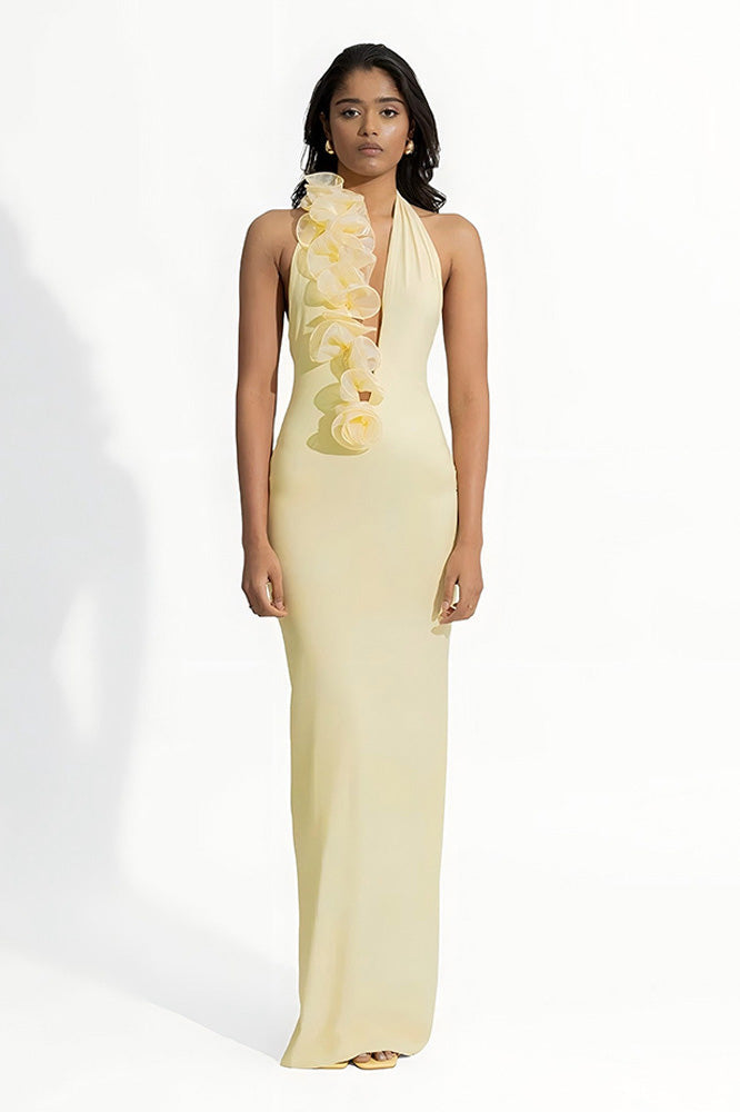Asymmetry Lemon 3D Flower Halter Maxi-Length Dress