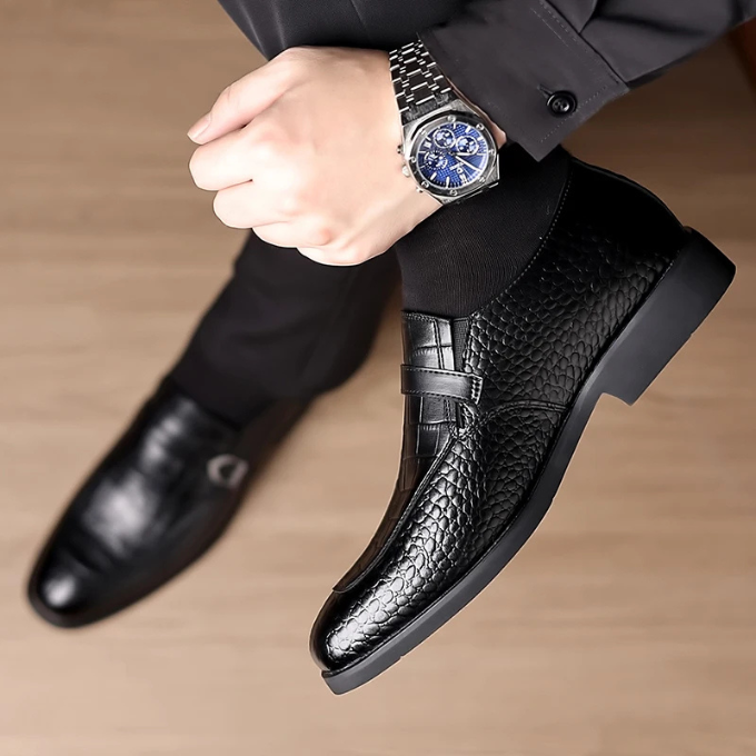 Polished Leather Monk Strap Shoes with Croc-Embossed Texture