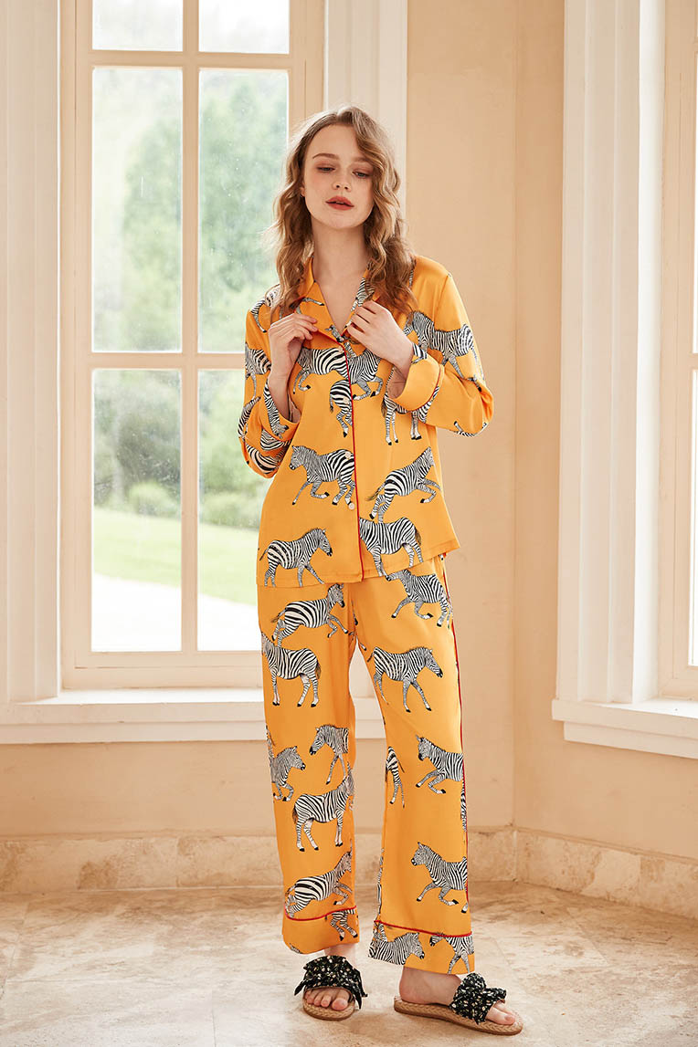 Coordinated Zebra Print Long Sleeve Loungewear Set - Yellow