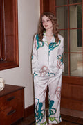 Coordinated Octopus Print Ice Silk Long-Sleeve Loungewear Set - White