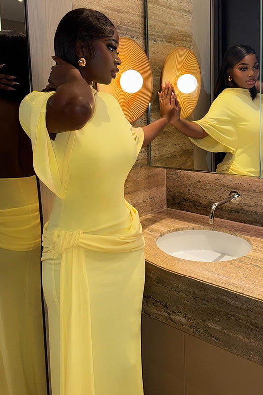 Open-Back Ruched Slit Maxi-Length Dress