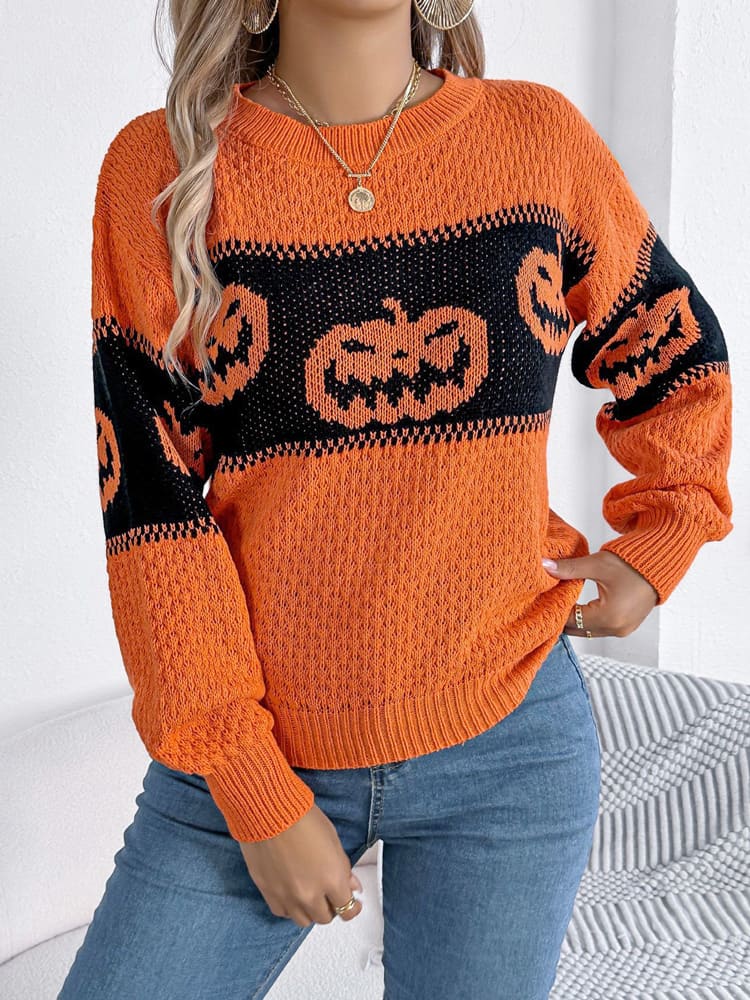 Modern Halloween Pumpkin Head Color-Block Crew Neck Knit Sweater