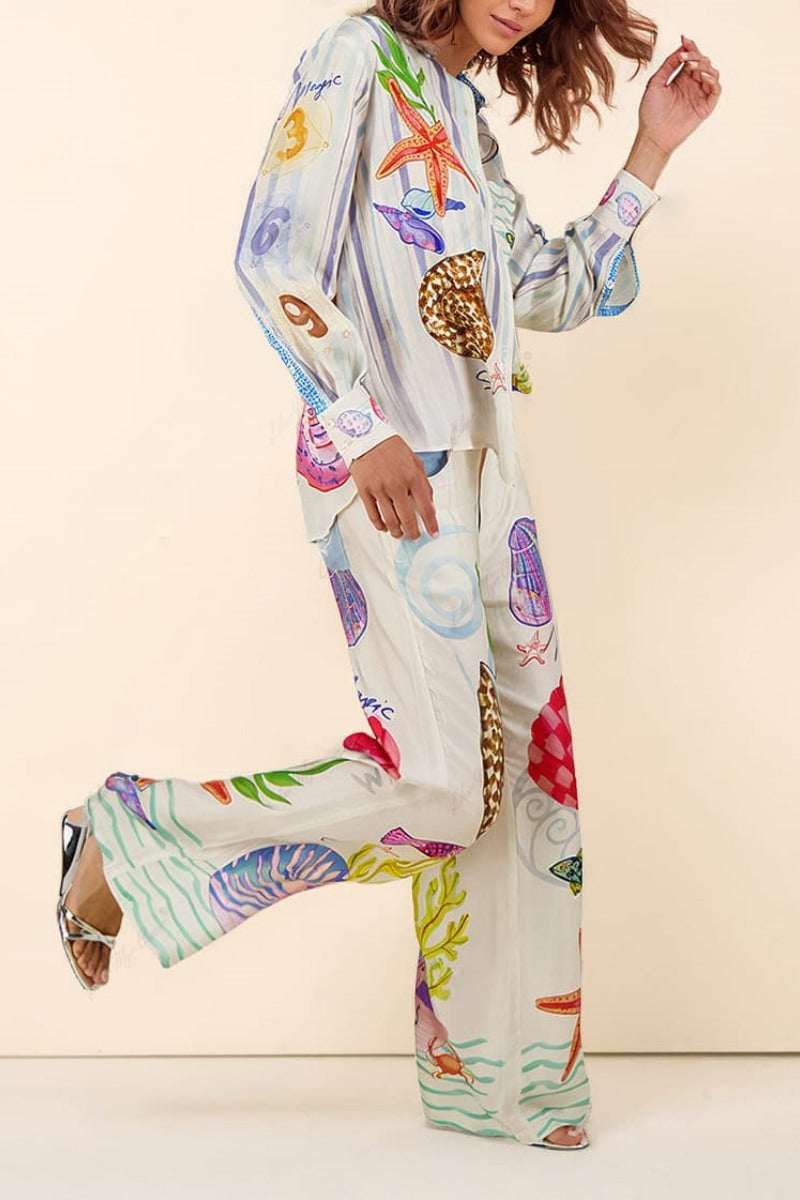 Ocean Theme Print Trousers-Set