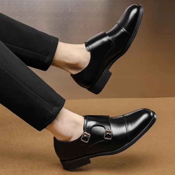 Full-Grain Leather Monk Strap Shoes with Cap-Toe Detail