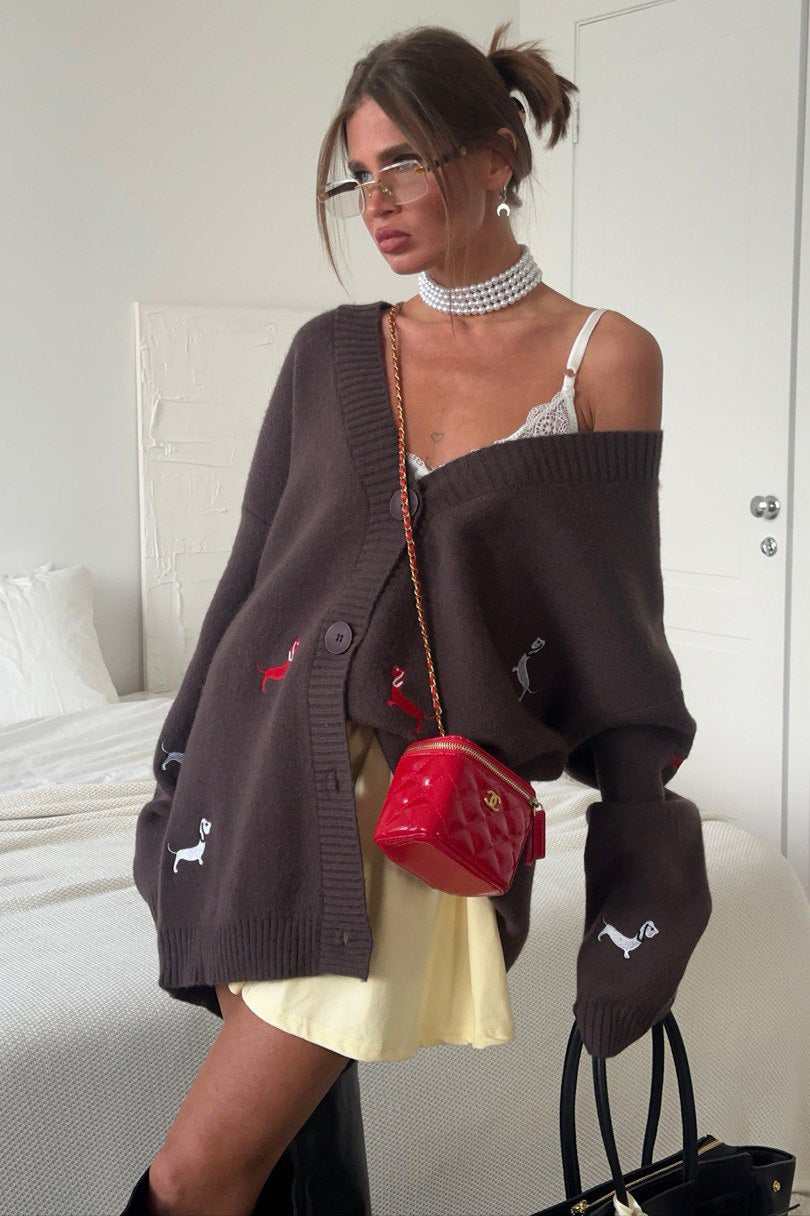 Modern V-Neck Dachshund Knit Cardigan