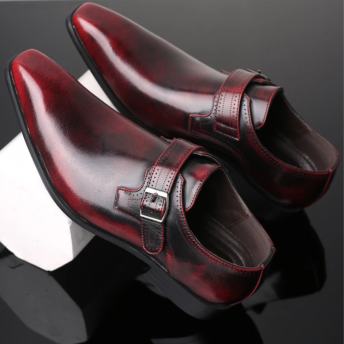 Burnished Leather Monk Strap Shoes with Buckle Strap