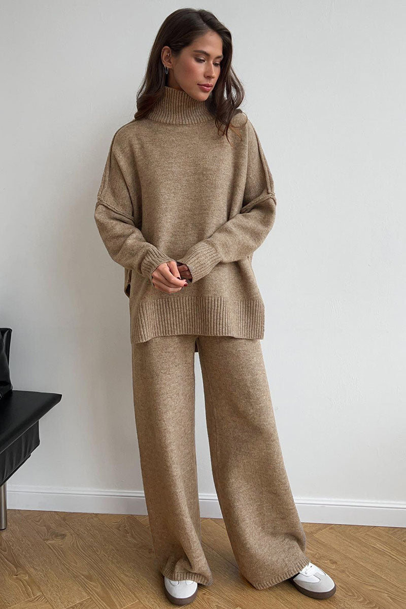 Turtleneck Split Knit Sweater Loose Knit Trousers Set
