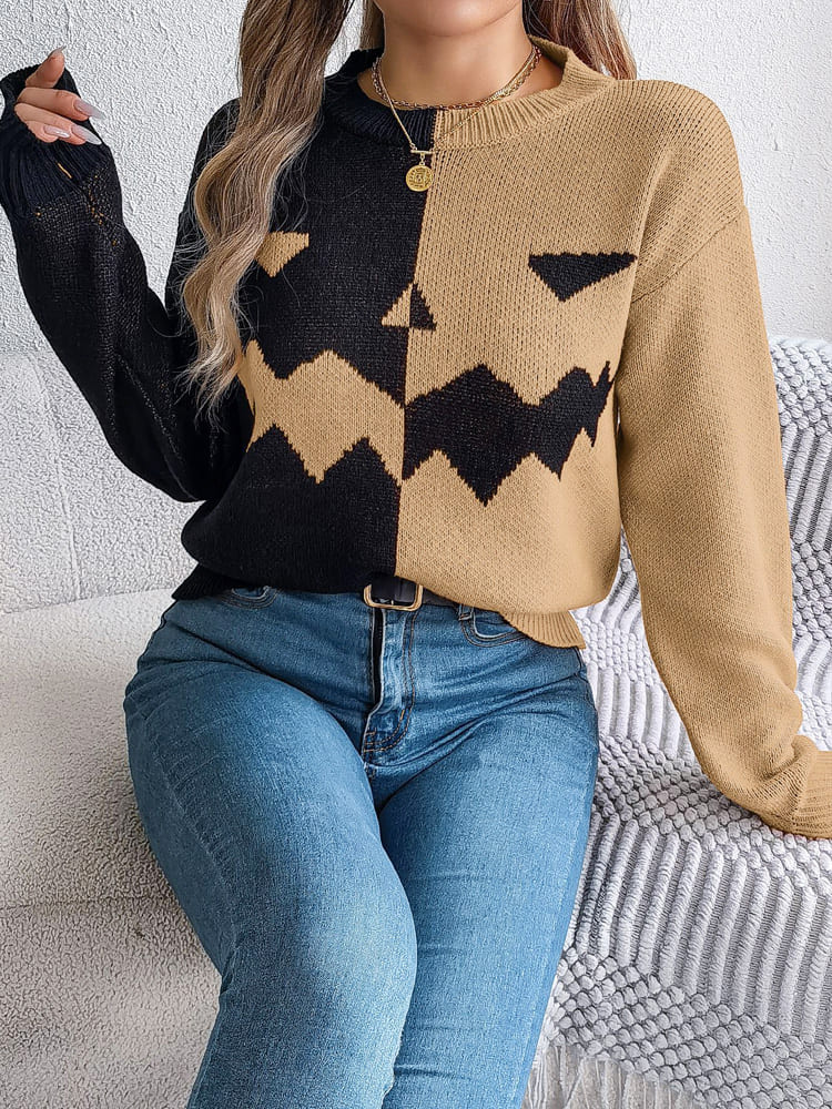 Ghost Pattern Long Sleeve Crew Neck Knit Sweater