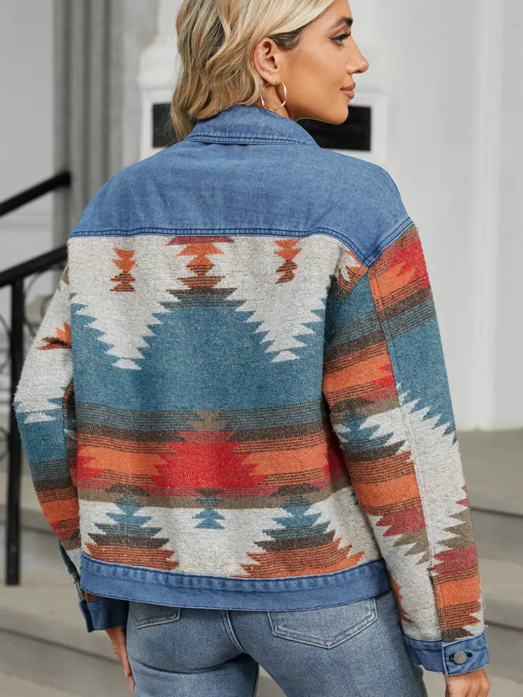 Cropped, Washed Denim Jacket with Color Block Design