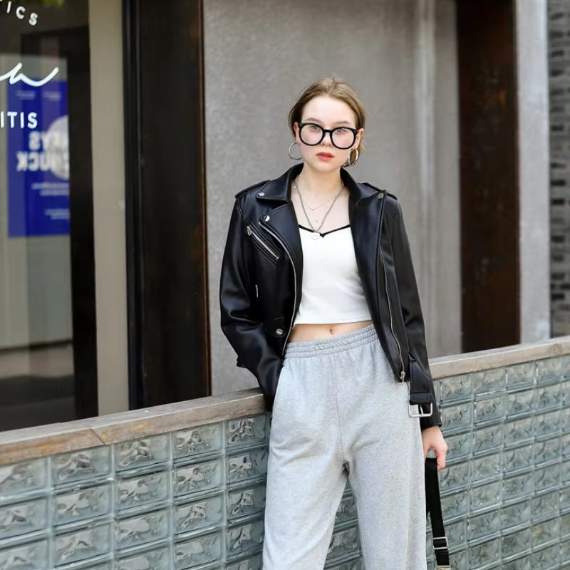 Leather Biker Jacket with Zippers and Belt