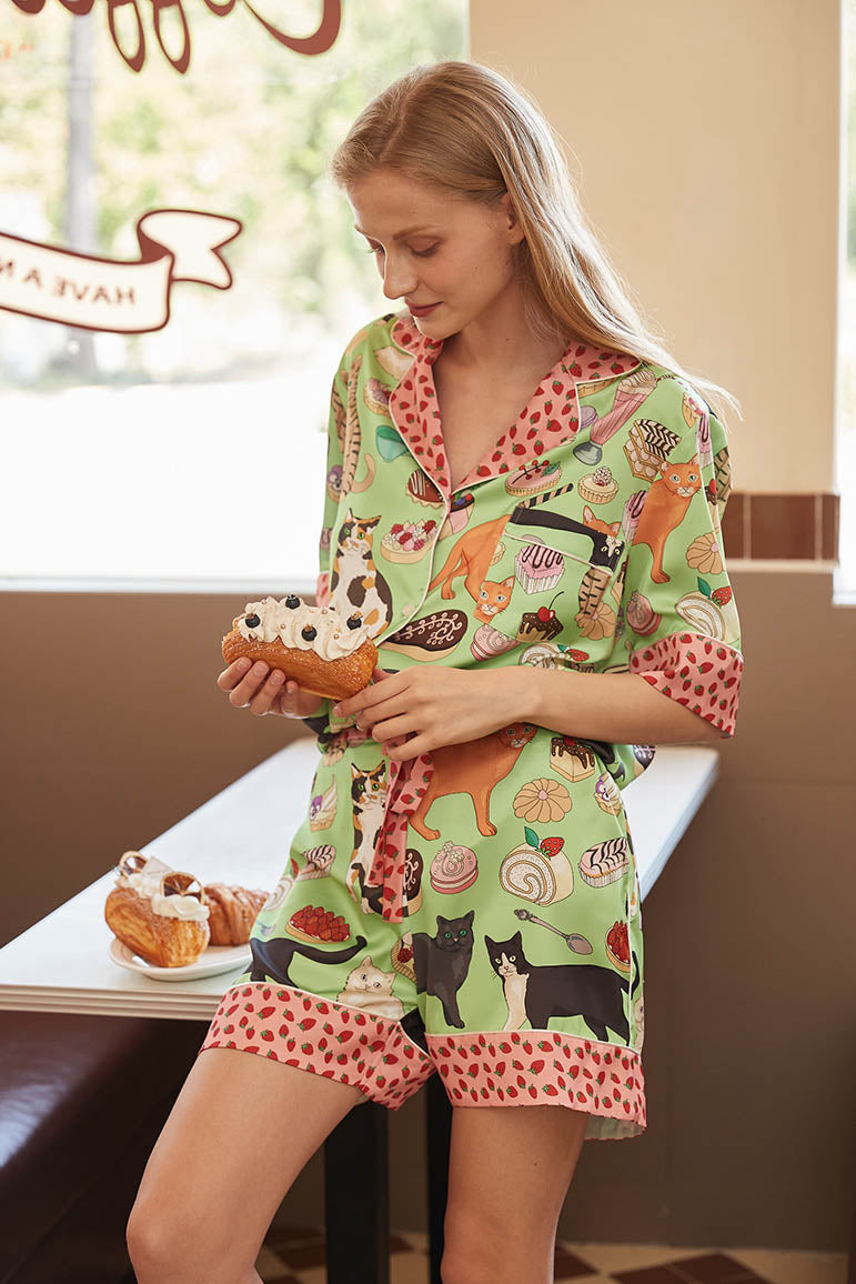 Coordinated Coffee Cat Shorts Pajama Set