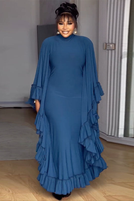 Batwing Sleeve Ruffled Trim Maxi-Length Dress