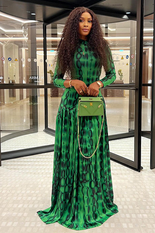 Emerald Animal Texture Flowy Maxi-Length Dress