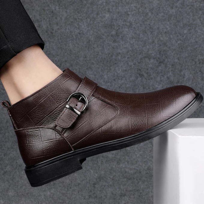 Full-Grain Leather Boots with Buckle Strap