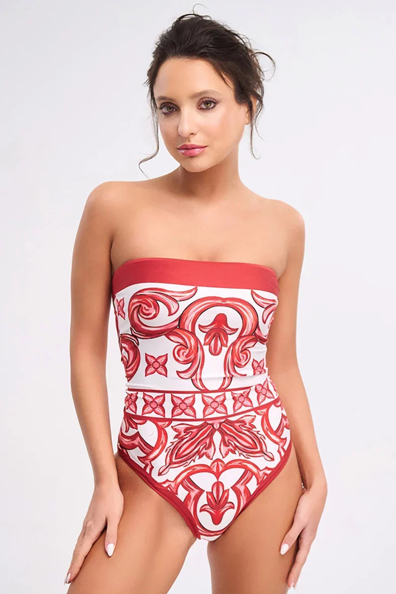 Ethnic Print One-Piece Swimwear Set