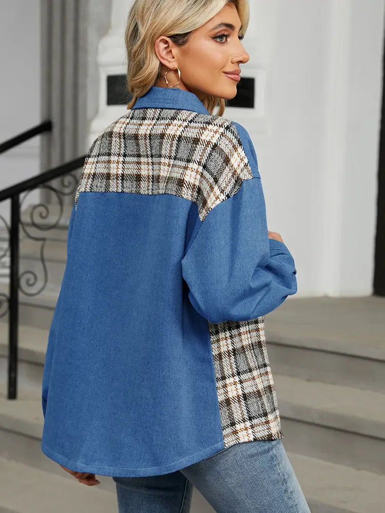 Washed Denim Jacket with Patchwork and Button Closure