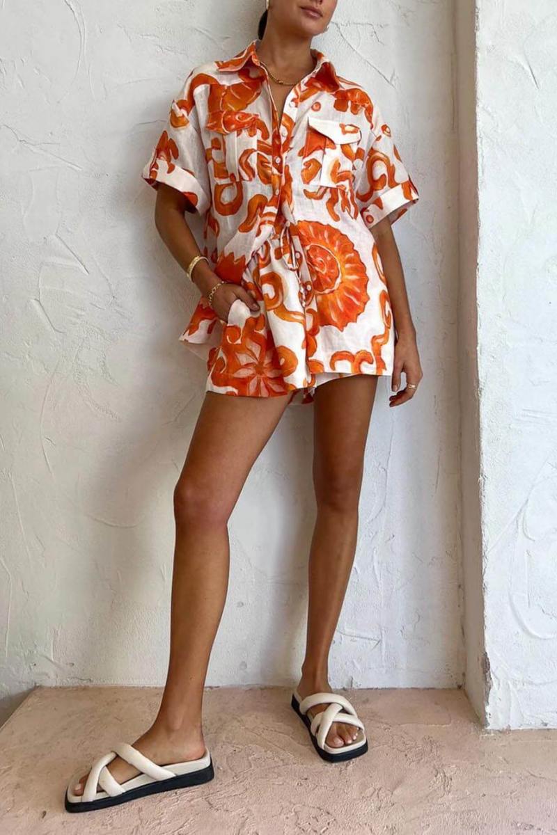 Distinctive Patterned Shorts Lapel Loose Shirt Set