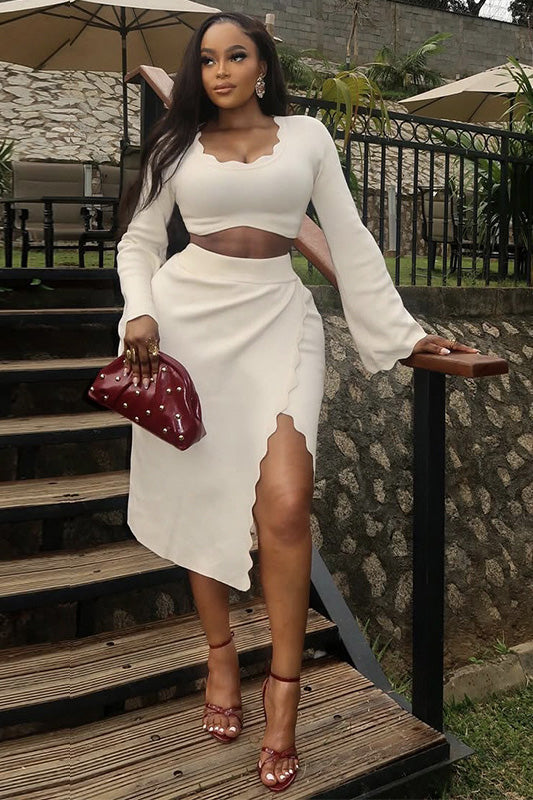 Coordinated Soft Ivory Draped V-Neck Skirt Set