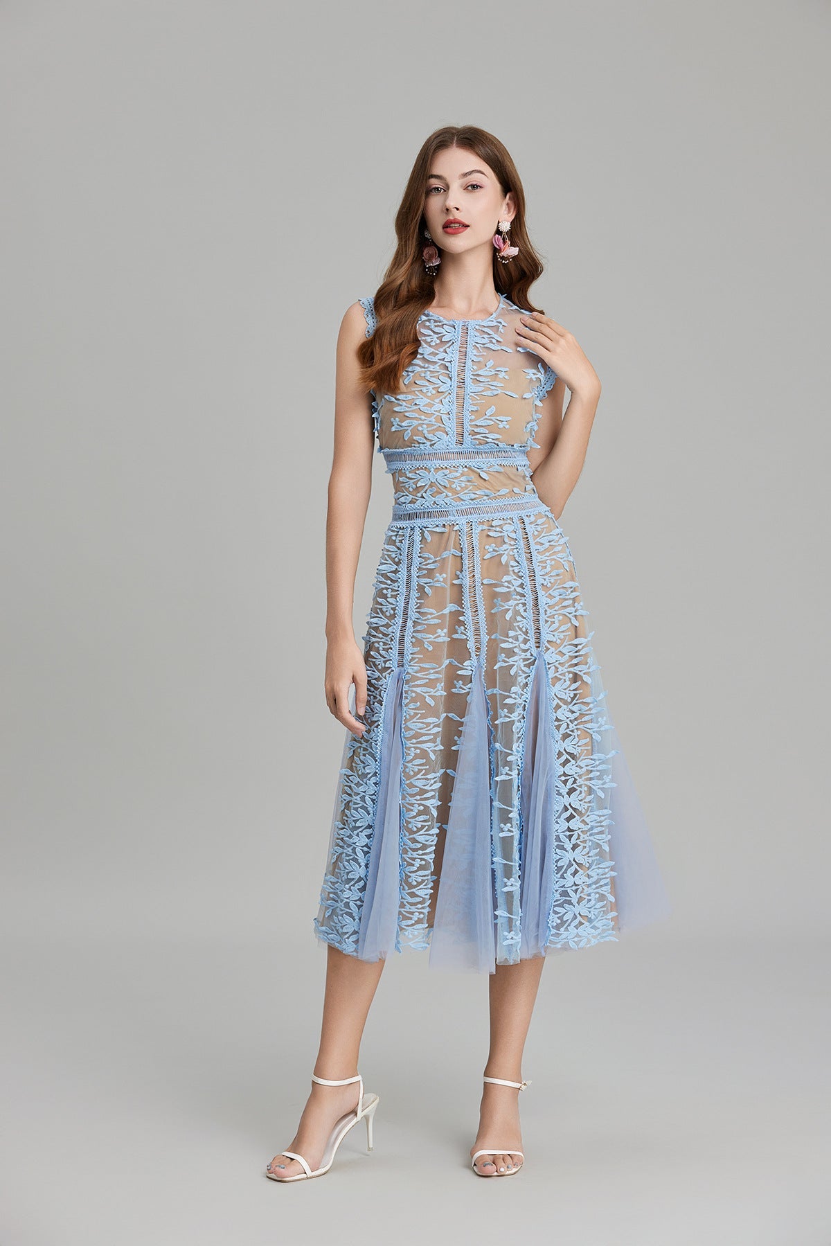 Maelle Crew Neck Mesh Embroidered Midi-Length Dress In Beige
