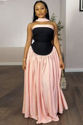 Strapless Flowy Contrast Color Maxi-Length Dress