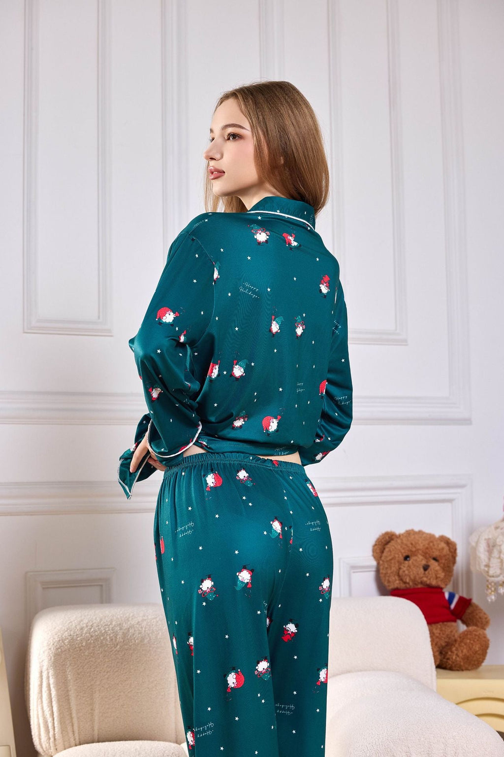 Coordinated Pink Candy Cane Print Satin Long PJ Set
