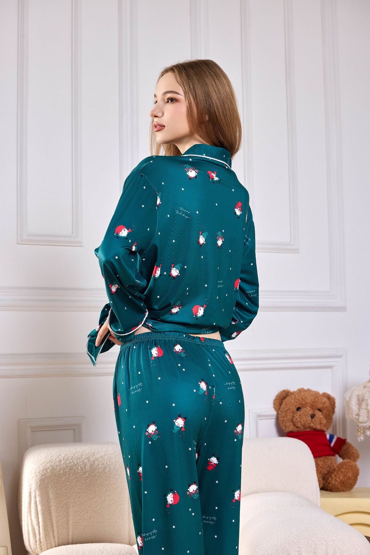 Coordinated Pink Candy Cane Print Satin Long PJ Set
