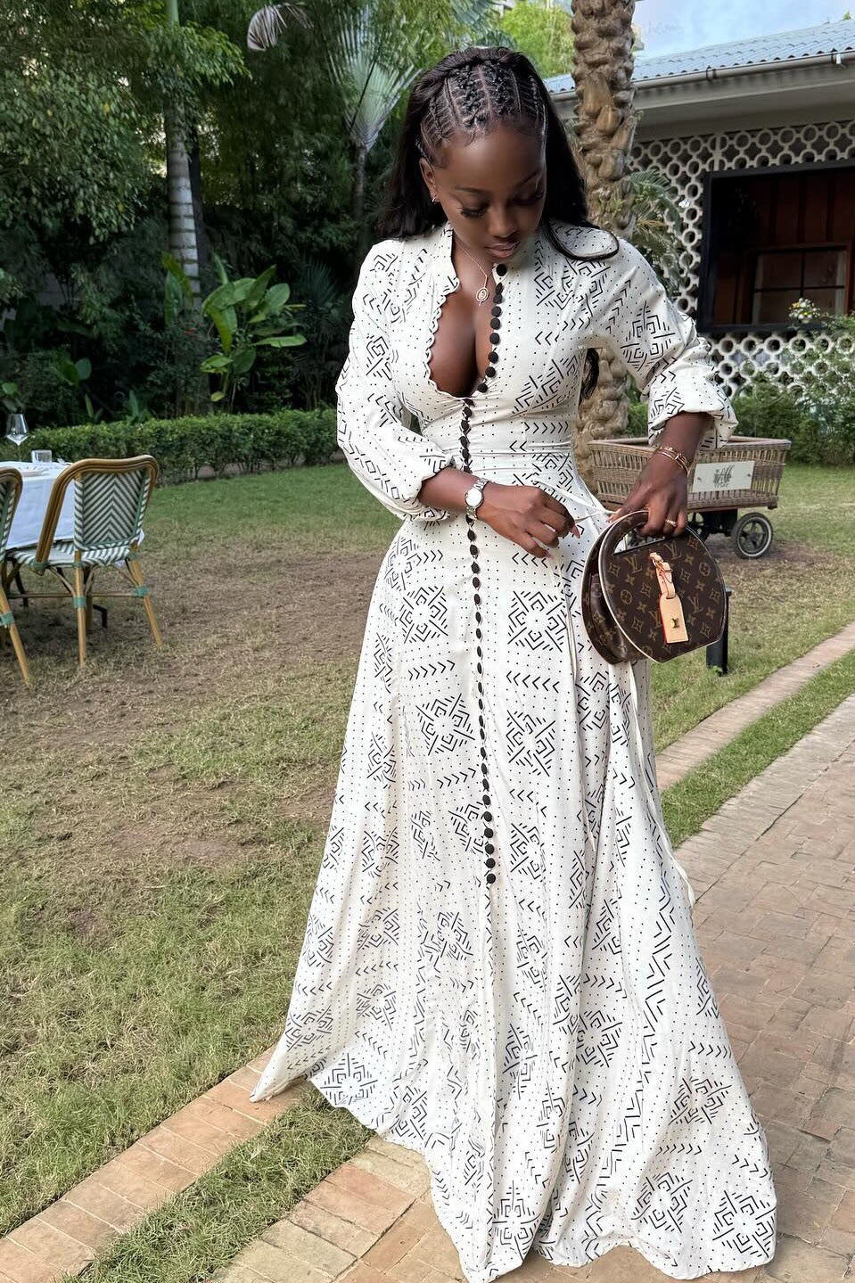 Modern White Geo Print Long Sleeve Gown