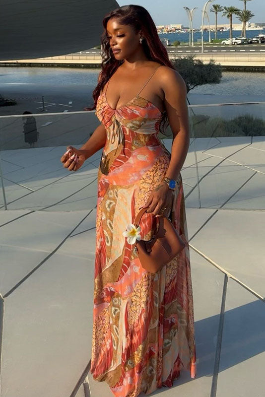 Boho Abstract Flower Mesh Slip Maxi-Length Dress