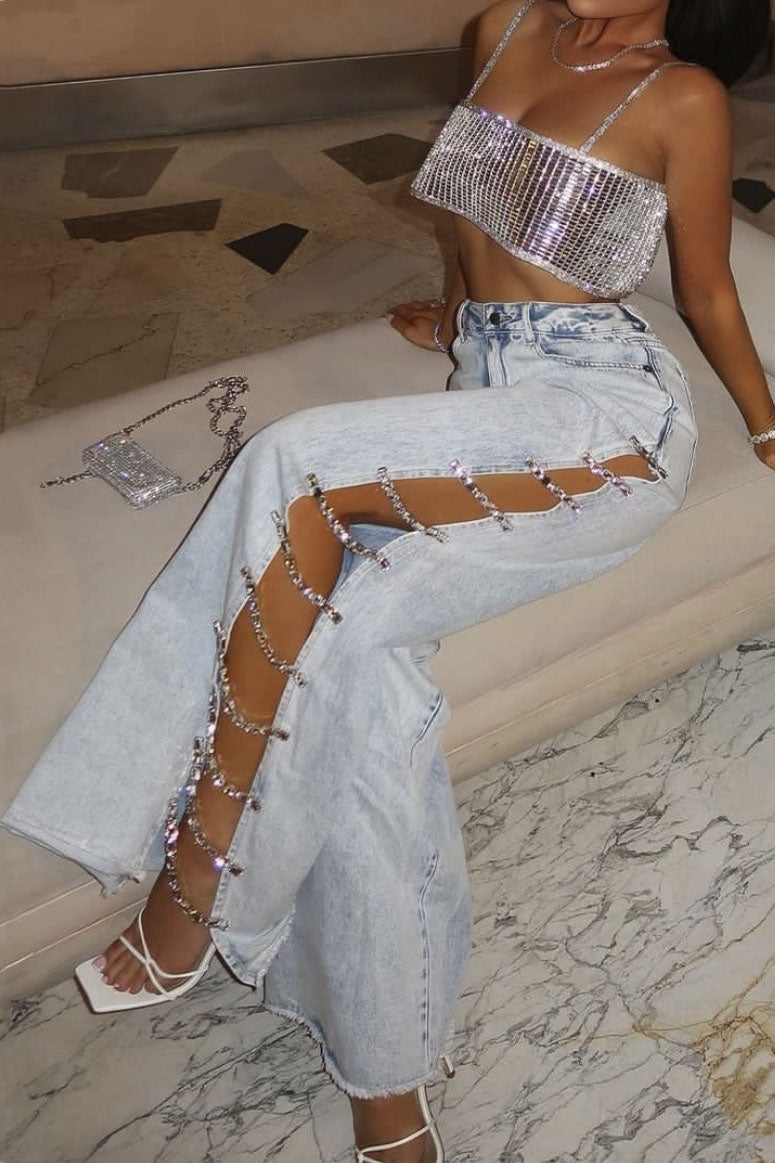 Y2K Crystal-Detail Side-Slit Denim Trousers