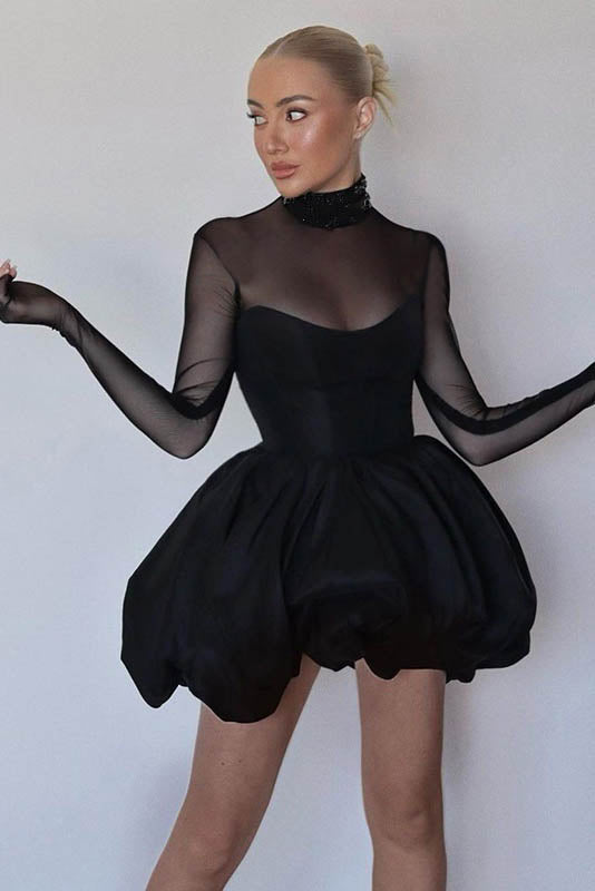 Winter Refined Mesh Sheer Slim Fit Puff Mini-Length Dress