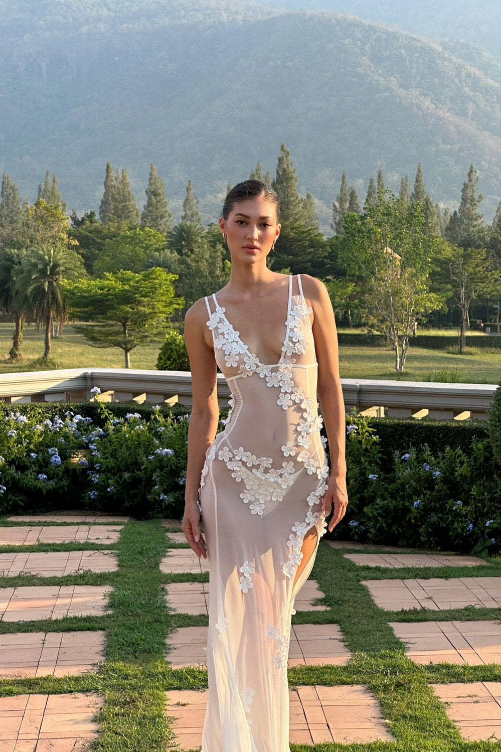 Soft Allure Tulle 3D Flower Spaghetti Dress