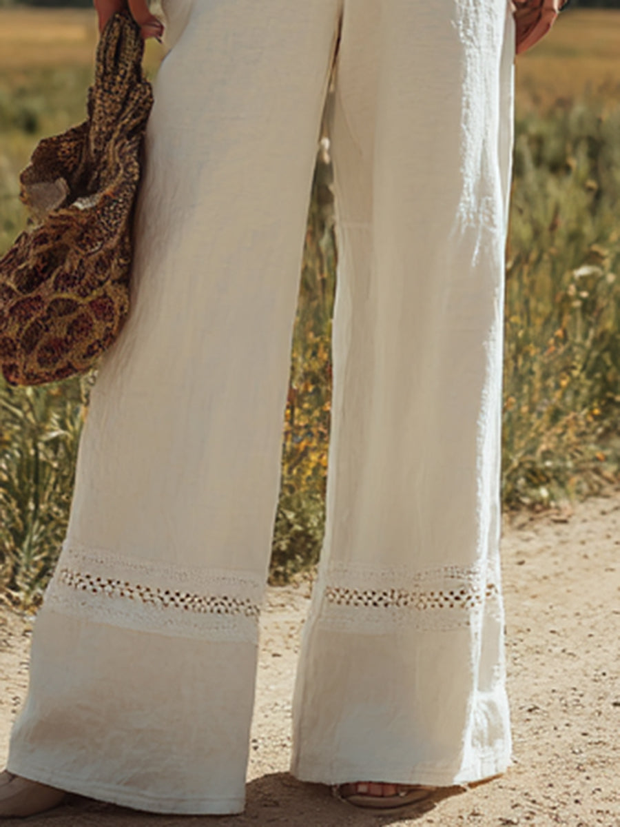 Modern Women's White Linen Sleeveless Suspender Button Jumpsuit With Lace Design
