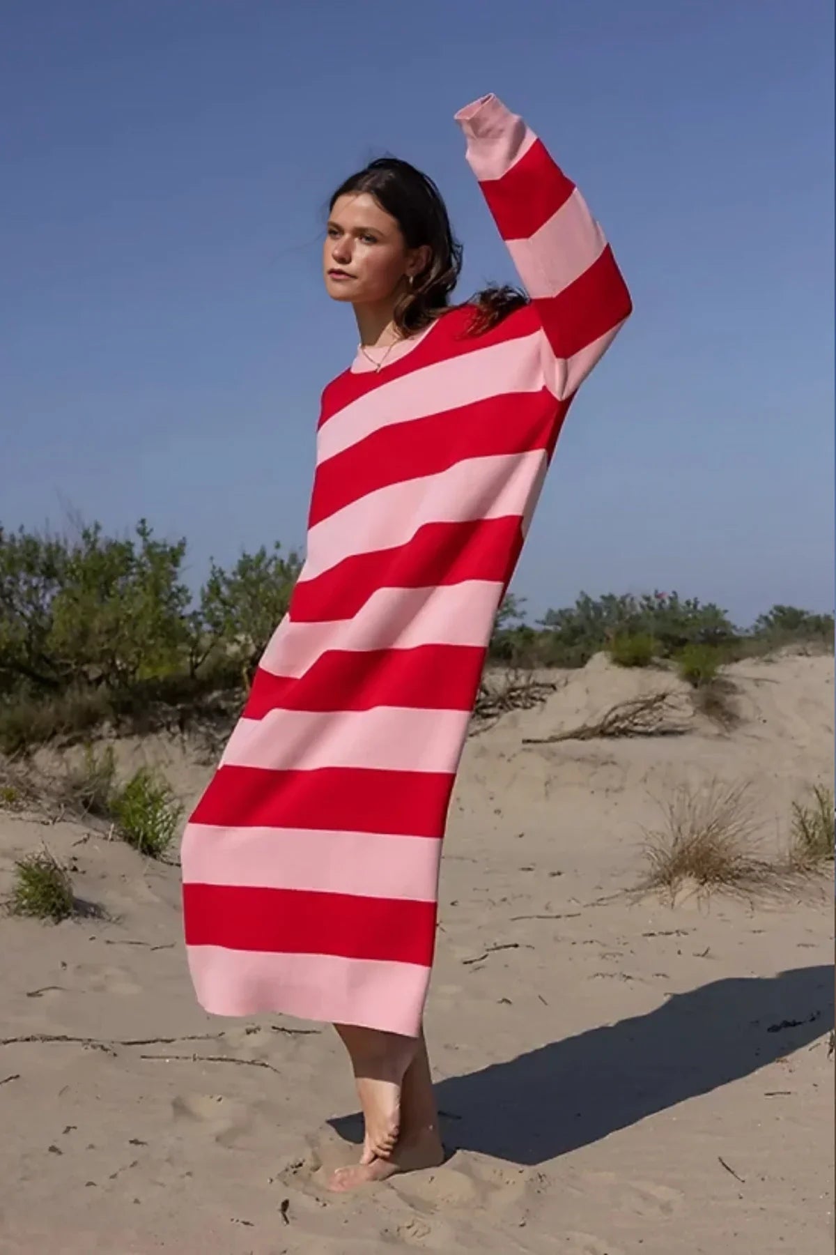 Relaxed Striped Midi-Length Dress