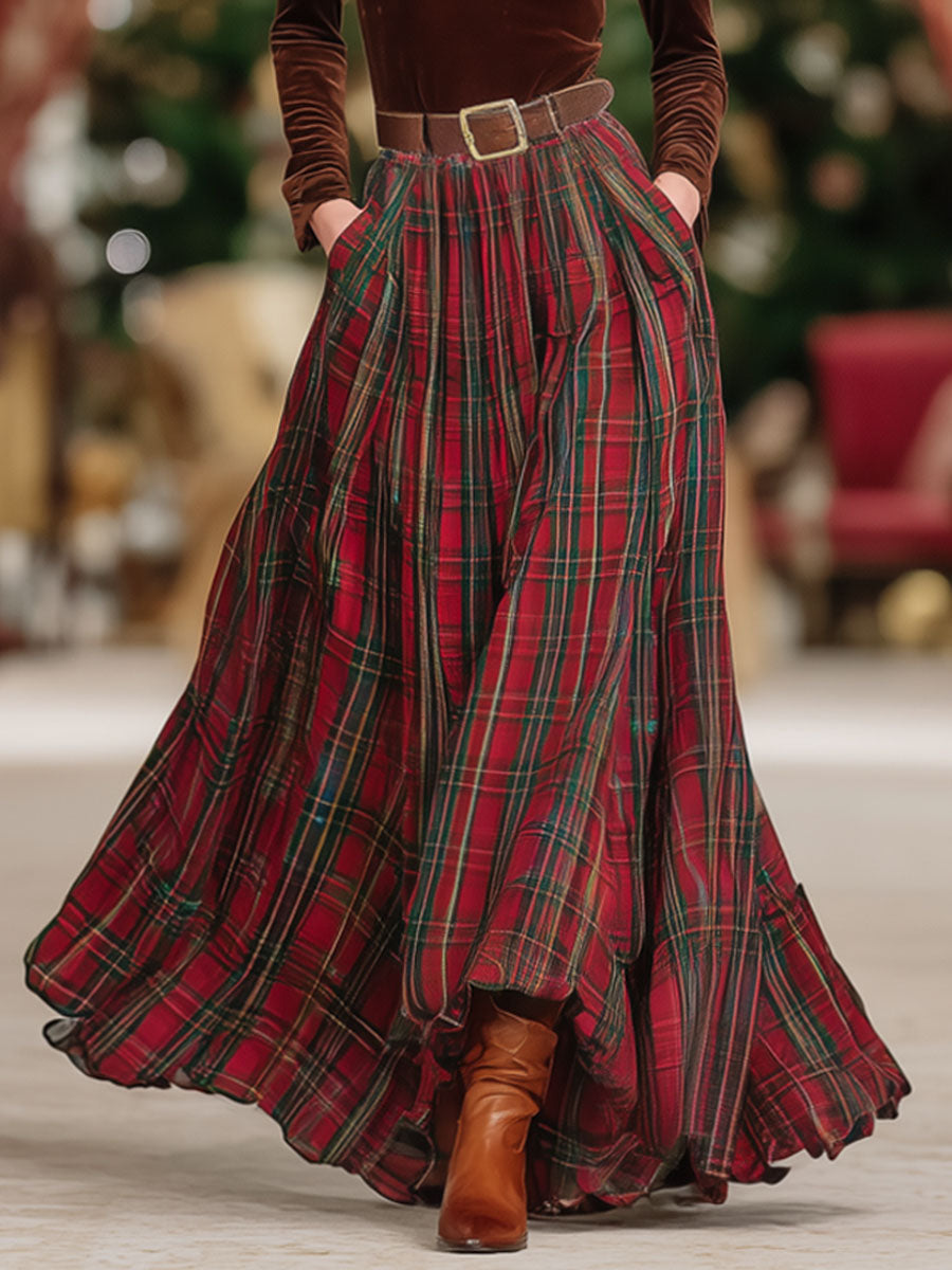 Coordinated V-Neck Lace Long-sleeved T-shirt And Red Plaid Skirt Set