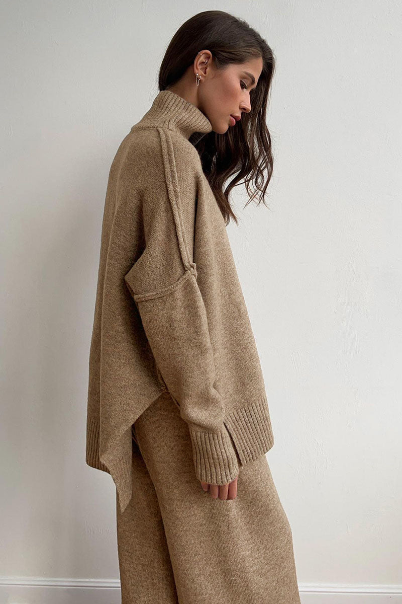 Turtleneck Split Knit Sweater Loose Knit Trousers Set