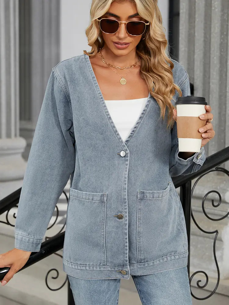 Denim Jacket with V-Neck, Button Closure and Pockets