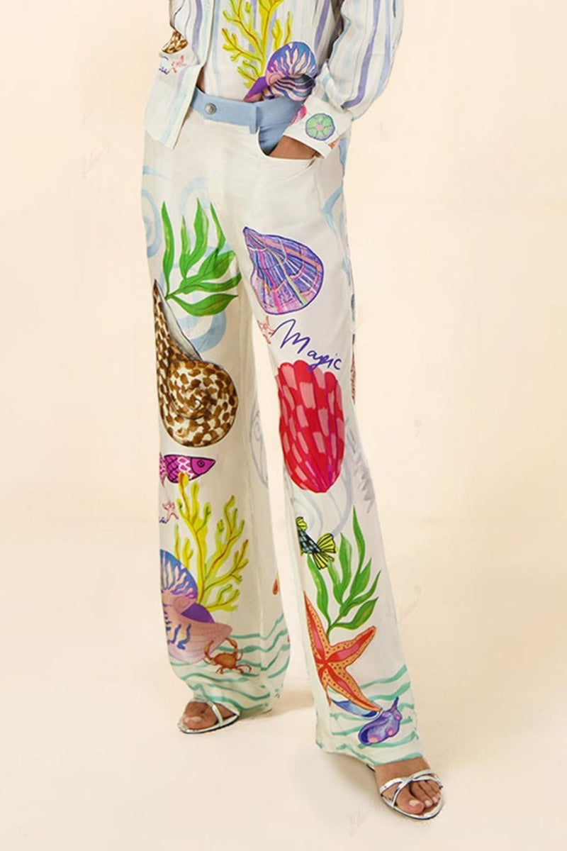 Ocean Theme Print Trousers-Set