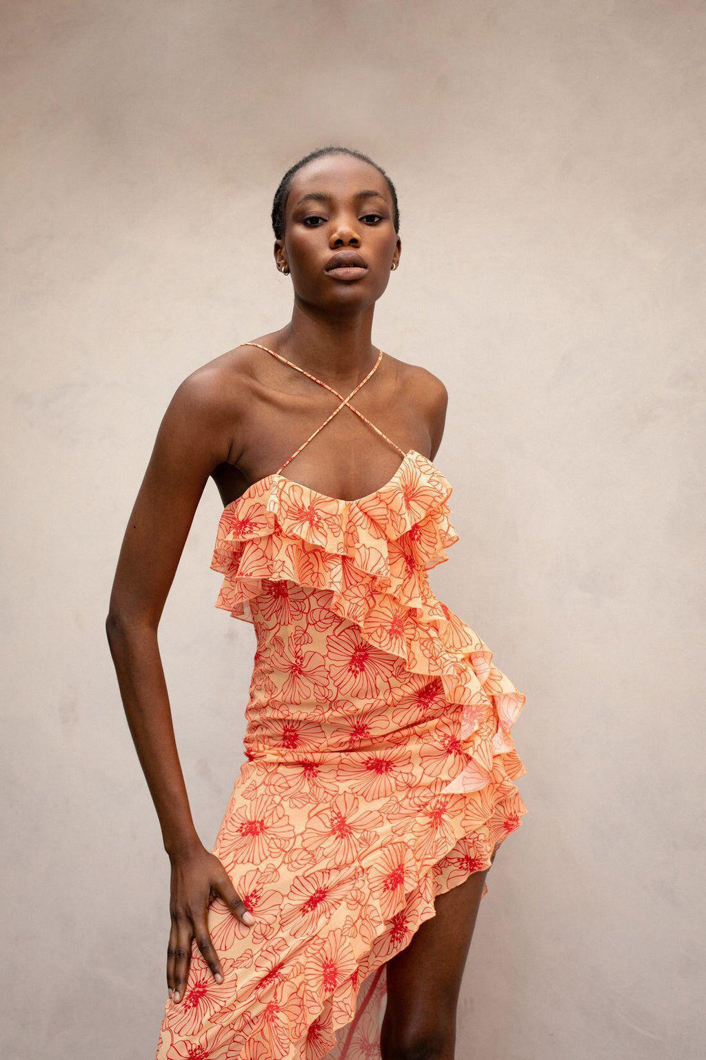 Romantic Ruffled Flower Slit Midi-Length Dress