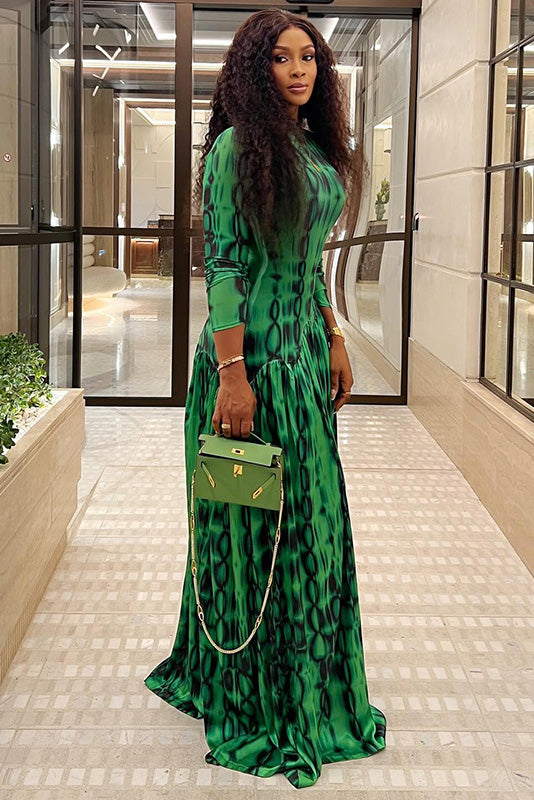 Emerald Animal Texture Flowy Maxi-Length Dress