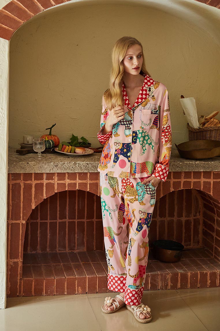 Coordinated Dressing Leopard Print Silk Pajama Set