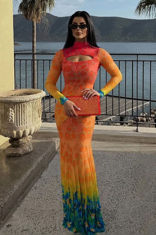 Underwater Print Mermaid Maxi-Length Dress