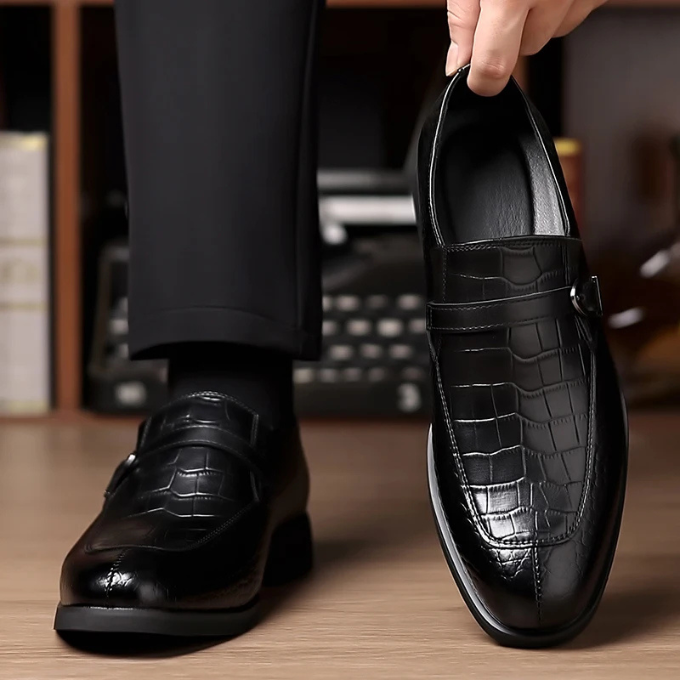 Polished Leather Monk Strap Shoes with Croc-Embossed Texture