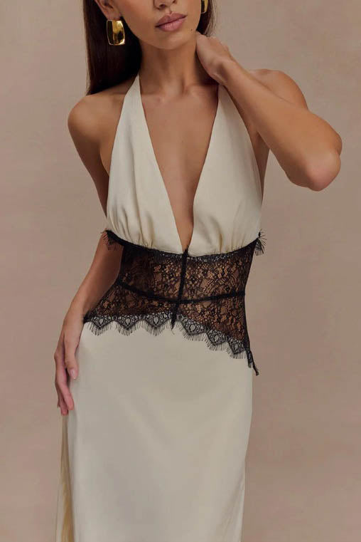 Halter Patchwork Open-Back Sexy Maxi-Length Dress