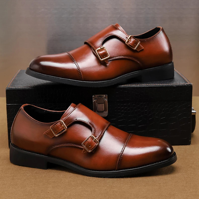 Full-Grain Leather Monk Strap Shoes with Cap-Toe Detail
