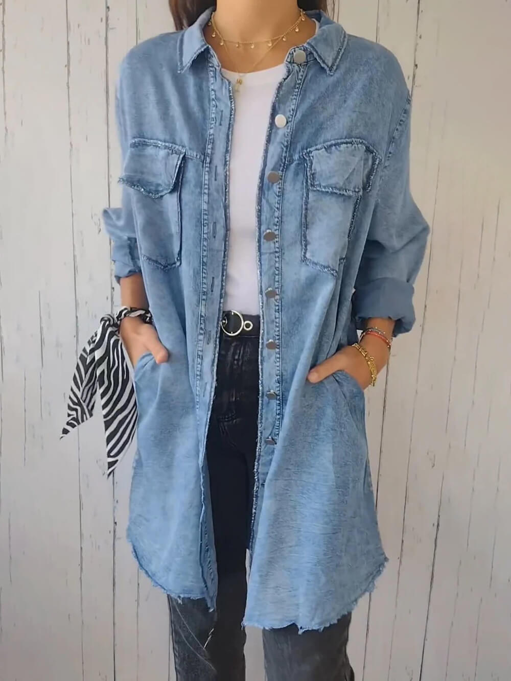 Denim Jacket in a Lightweight Design with Lapel Collar and Long Sleeves