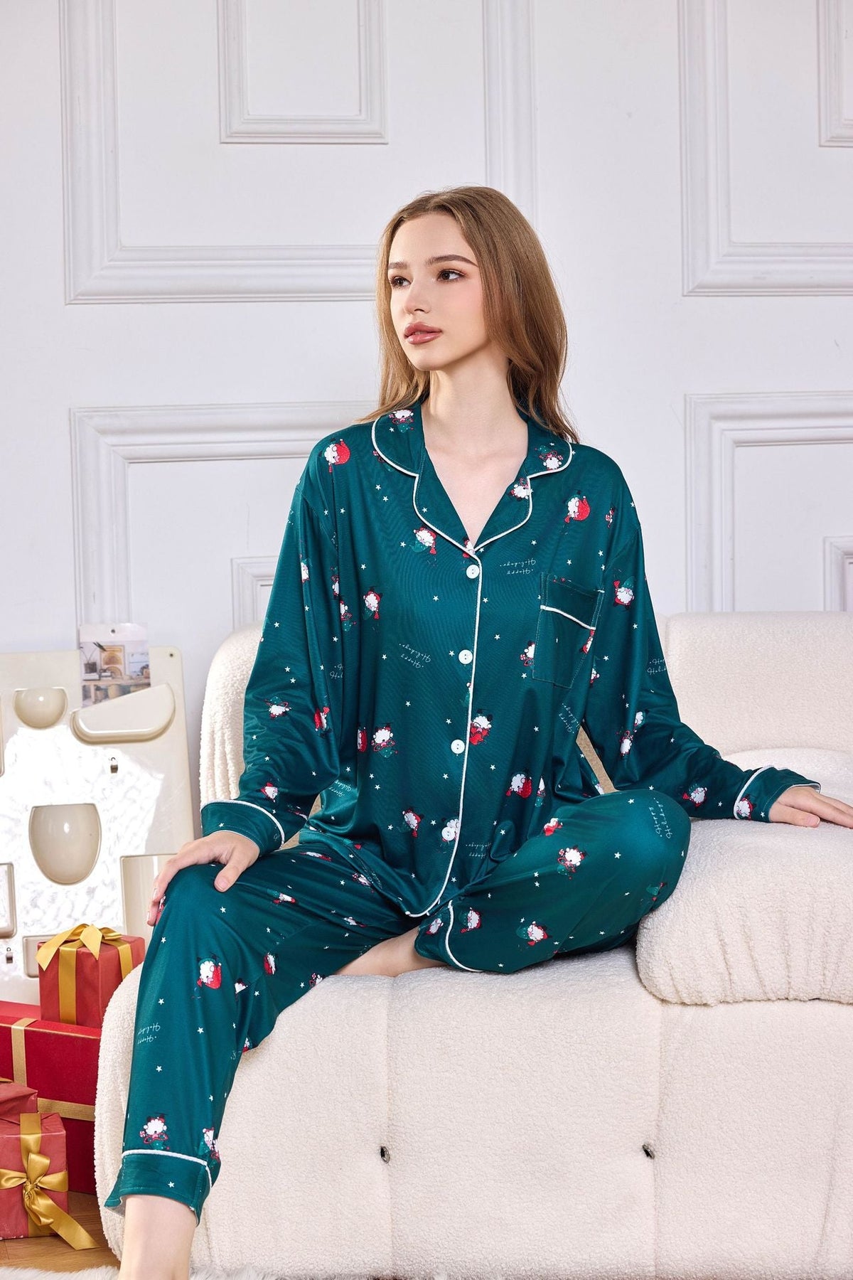 Coordinated Pink Candy Cane Print Satin Long PJ Set