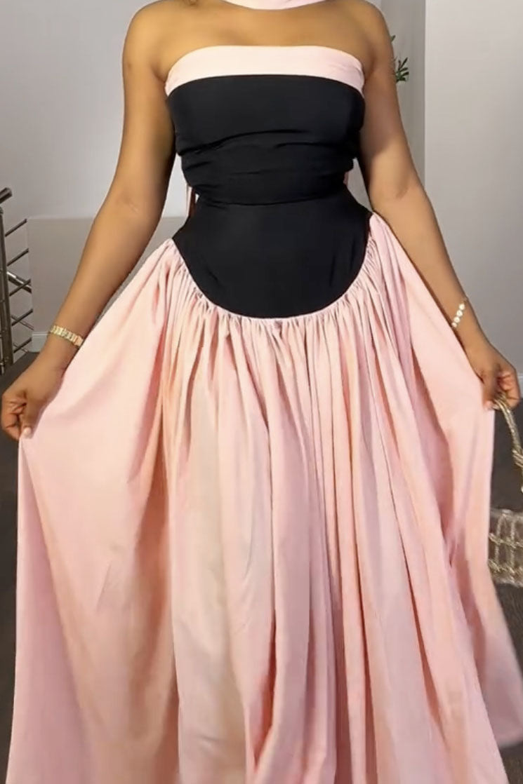 Strapless Flowy Contrast Color Maxi-Length Dress