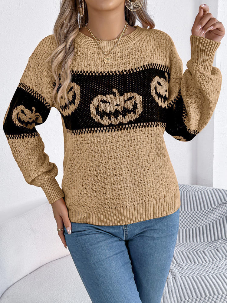 Modern Halloween Pumpkin Head Color-Block Crew Neck Knit Sweater